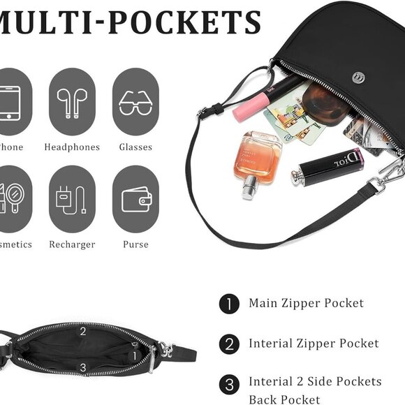 Women Shoulder Bag Nylon Compact Purse with Adjustable Strap and Multiple Pocket - Picture 3 of 6